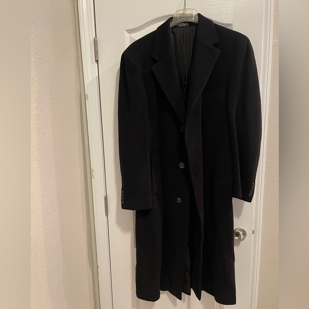 Designer cashmere and wool black men’s suit overcoat.
